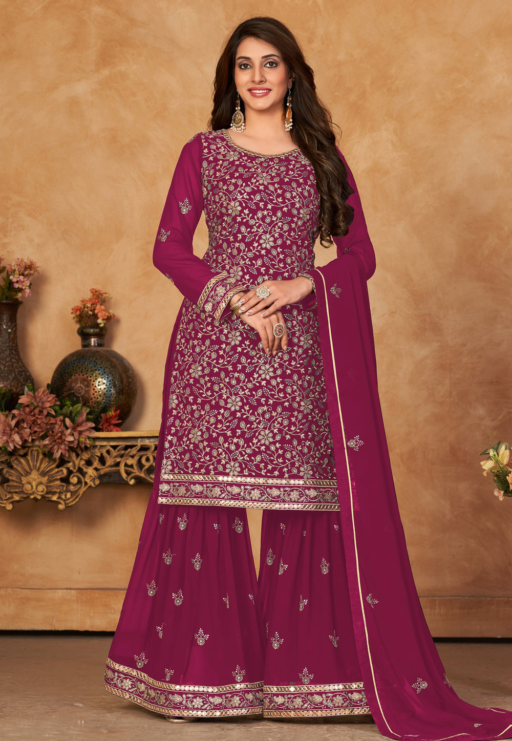 Magenta Faux Georgette Sharara Suit 258695