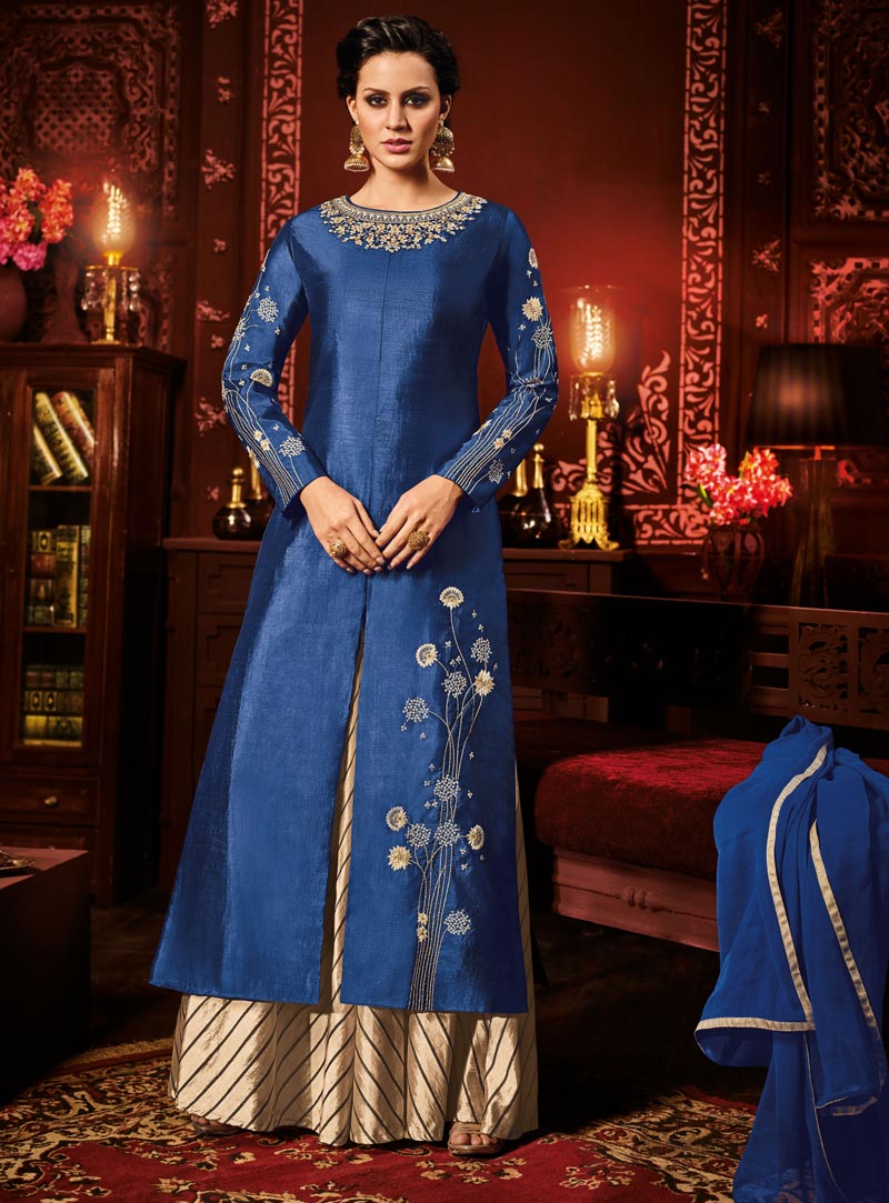 Navy Blue Silk Pakistani Style Suit 90833