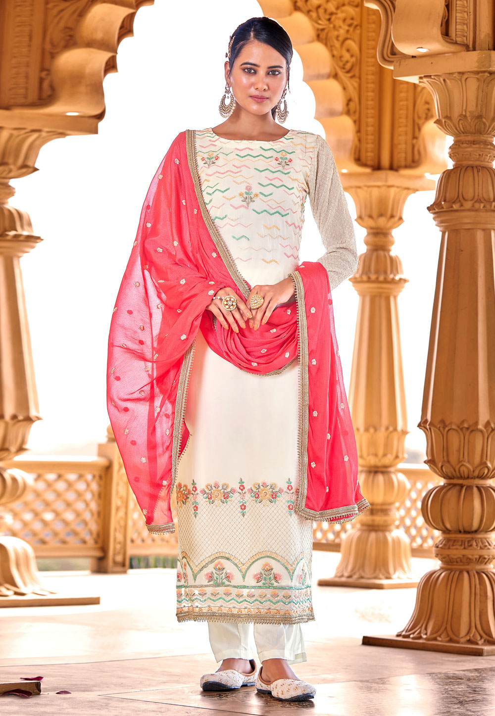 Off White Viscose Georgette Kameez With Pant 239205