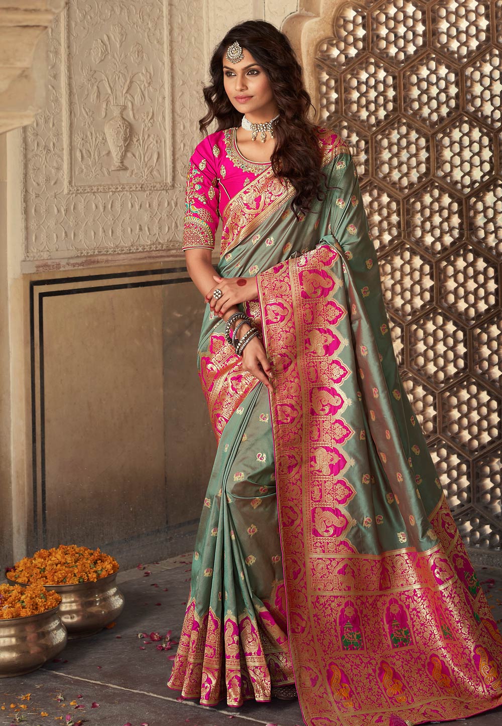 Grey Banarasi Silk Saree With Blouse 231194