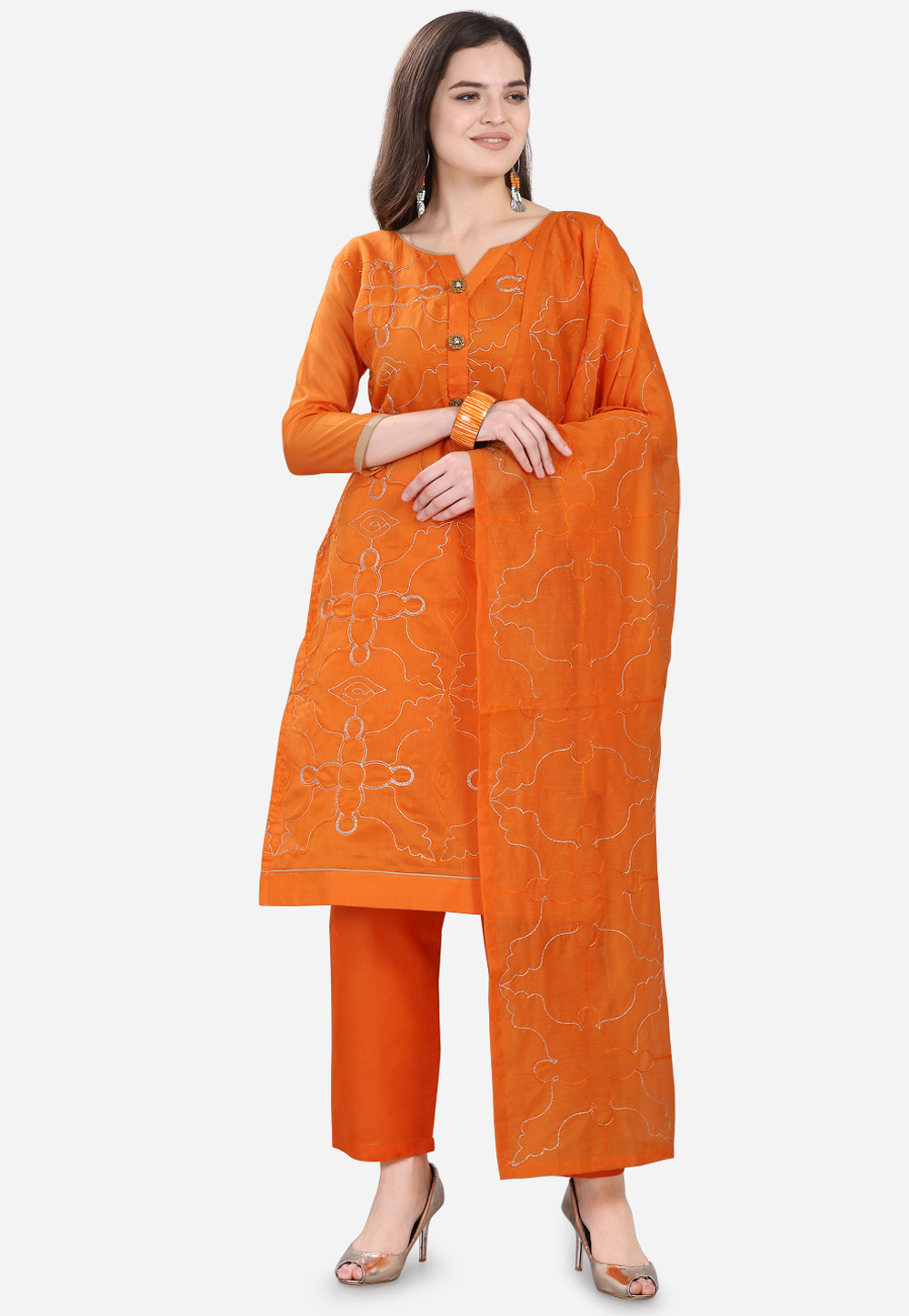 Orange Chanderi Silk Pant Style Suit 207416