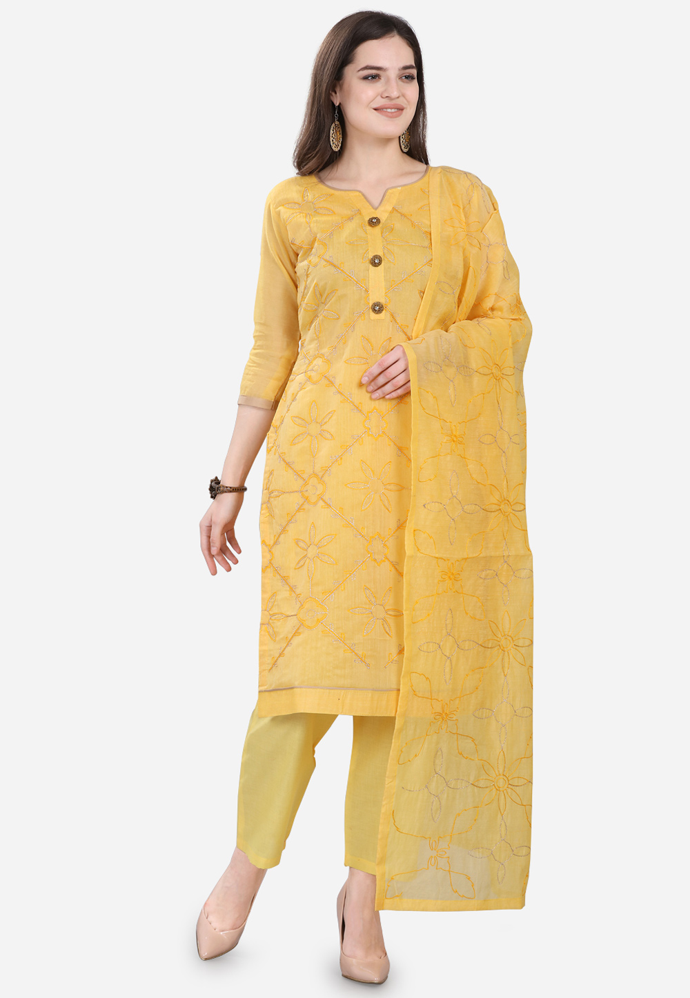 Yellow Chanderi Silk Kameez With Pant 207417