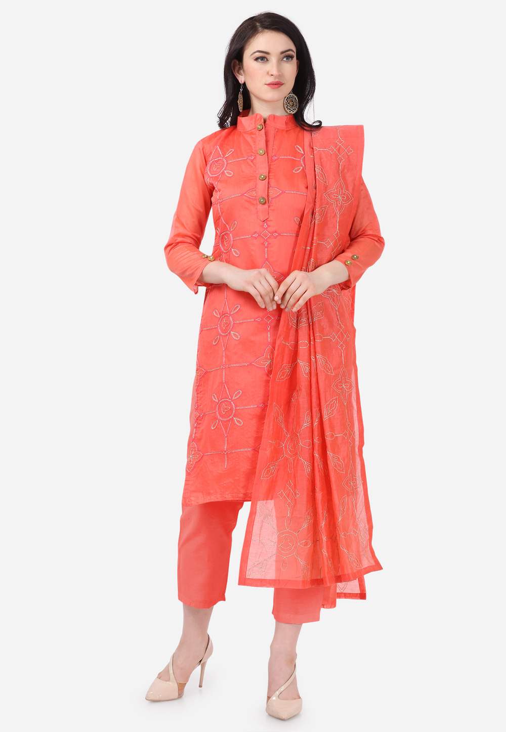 Shaded Red Chanderi Silk Kameez With Pant 207426