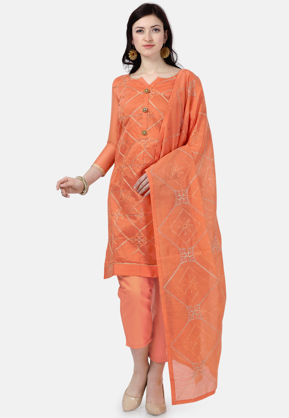 Orange Chanderi Silk Pant Style Suit 207427