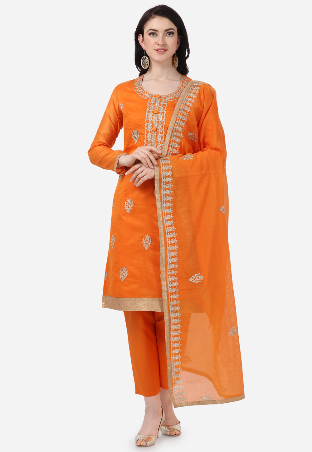 Orange Chanderi Silk Kameez With Pant 207430