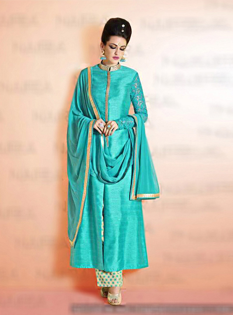 Aqua Bhagalpuri Pakistani Style Suit 72742