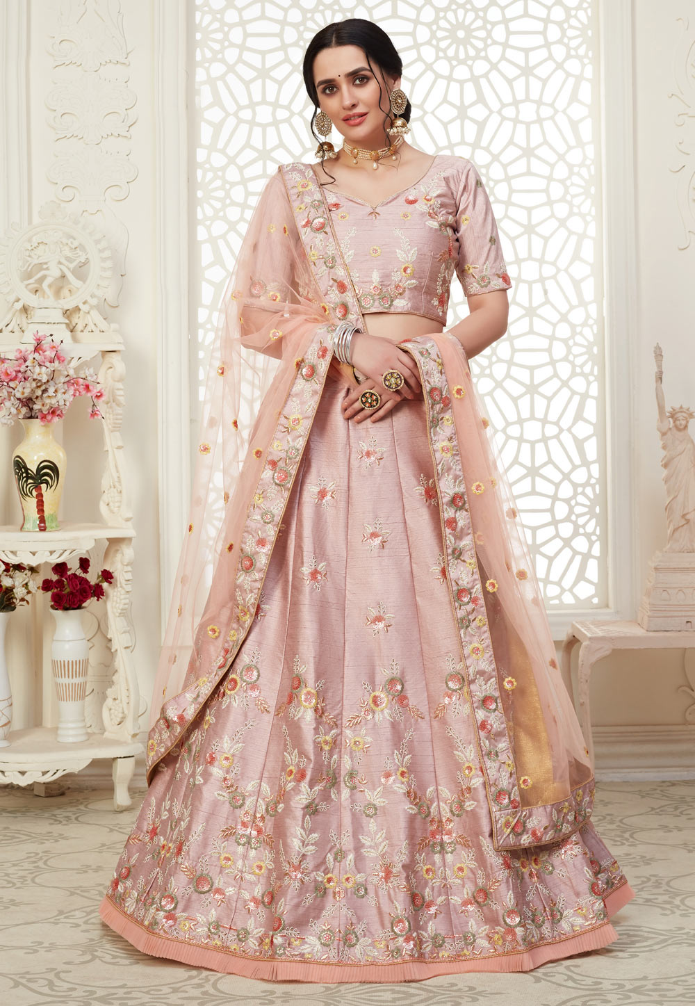 Pink Silk Embroidered Lehenga Choli 218785