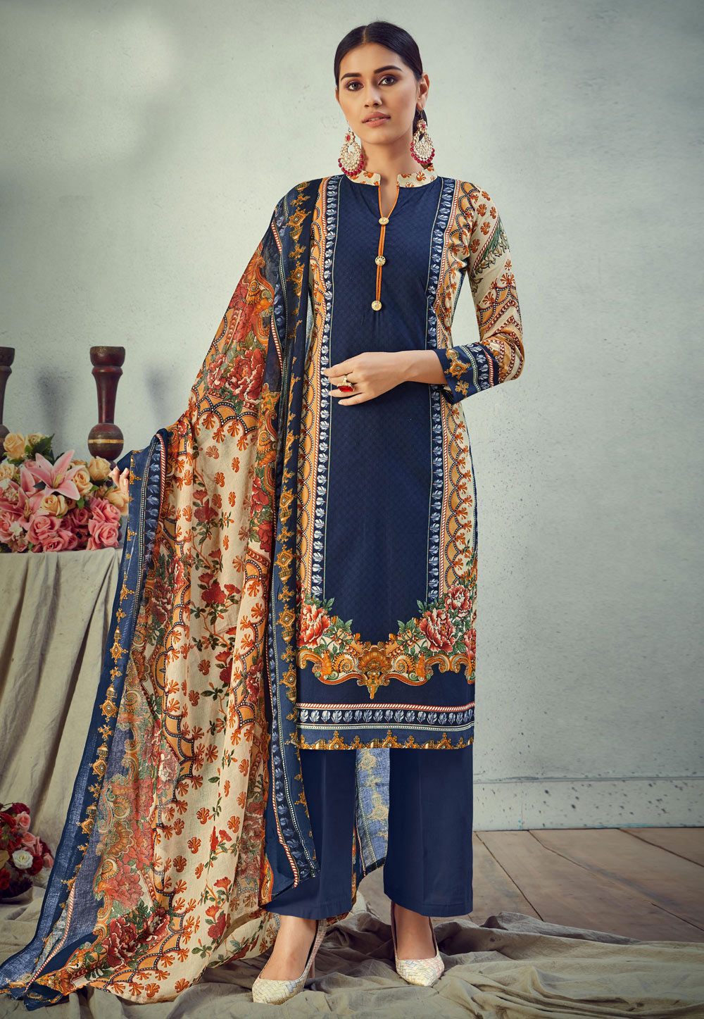 Navy Blue Cambric Cotton Kameez With Palazzo 207212