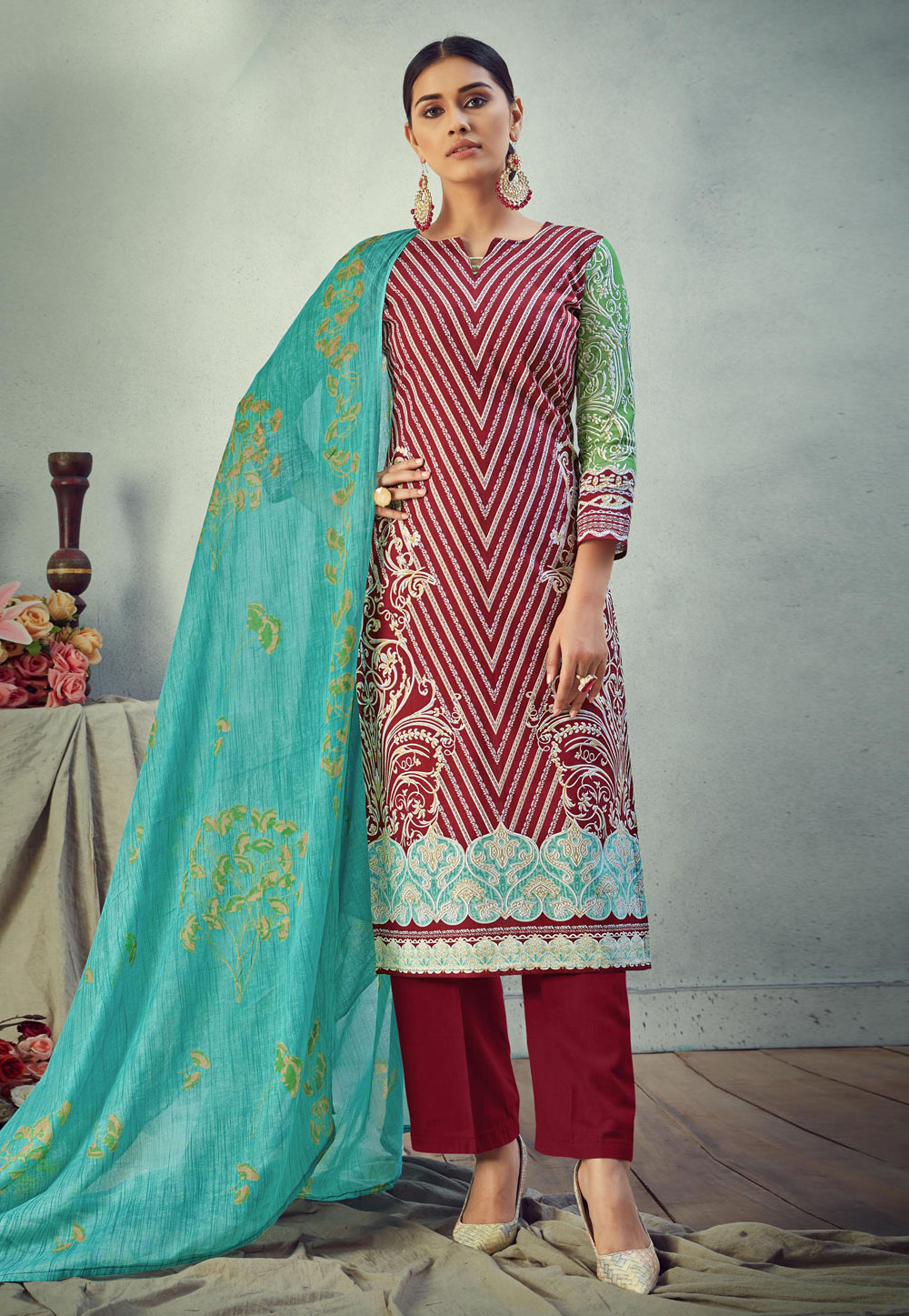 Maroon Cambric Cotton Palazzo Suit 207213