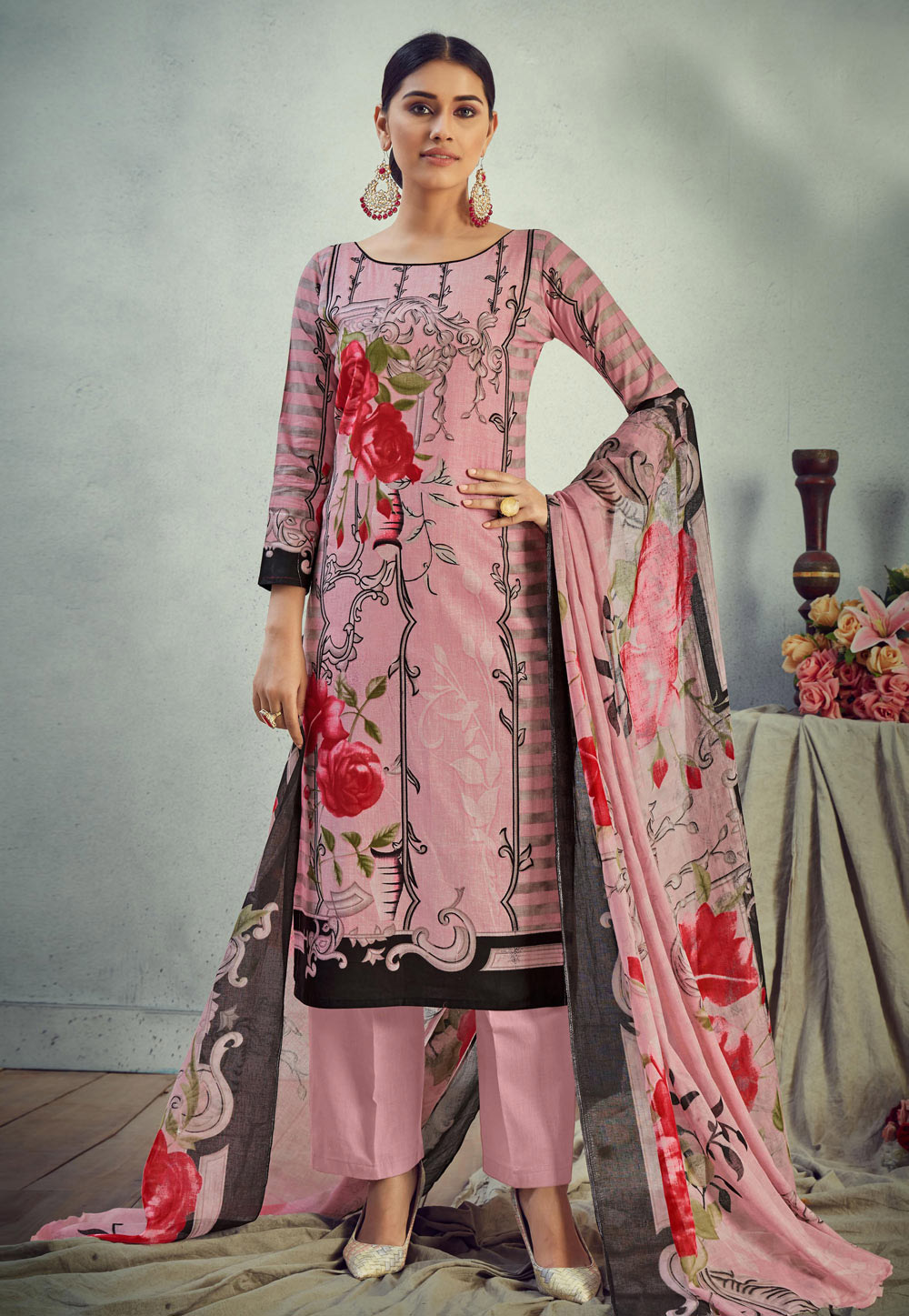 Pink Cambric Cotton Kameez With Palazzo 207214