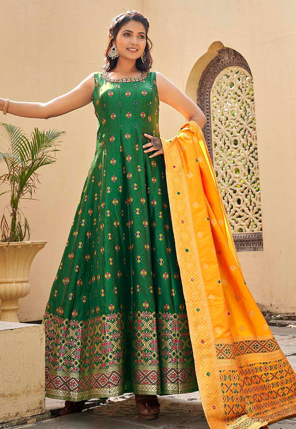 Green Jacquard Silk Readymade Abaya Style Anarkali Suit 267001