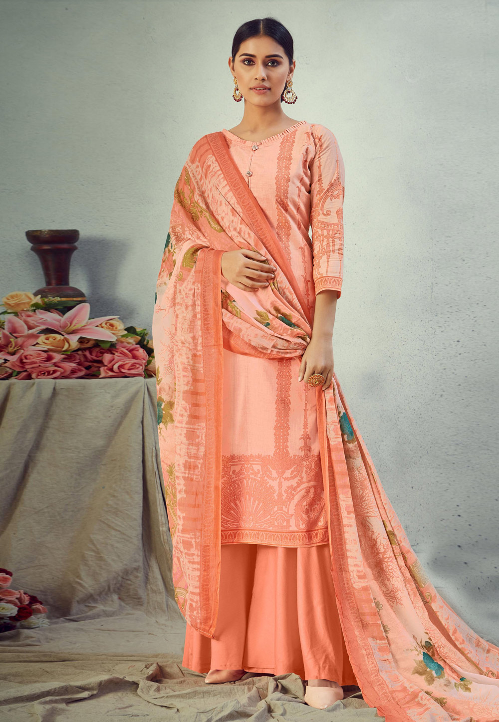 Peach Cambric Cotton Kameez With Palazzo 207218