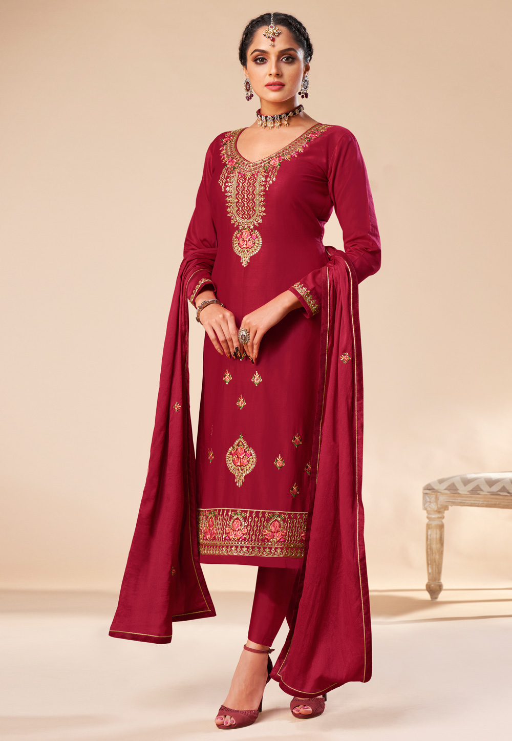 Magenta Silk Pant Style Suit 215947