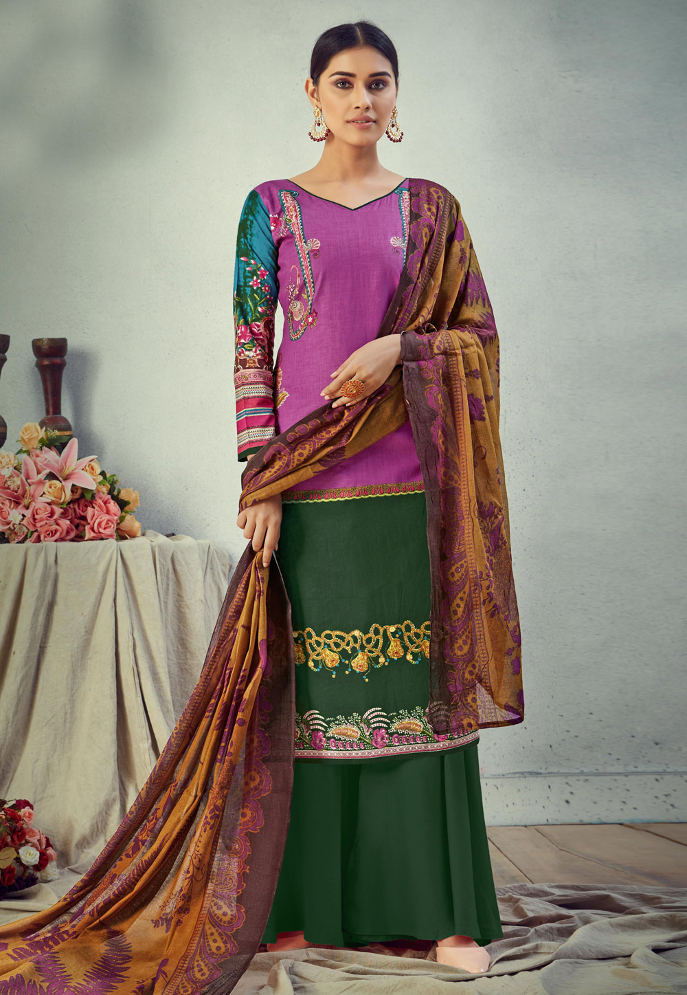 Green Cambric Cotton Palazzo Suit 207219