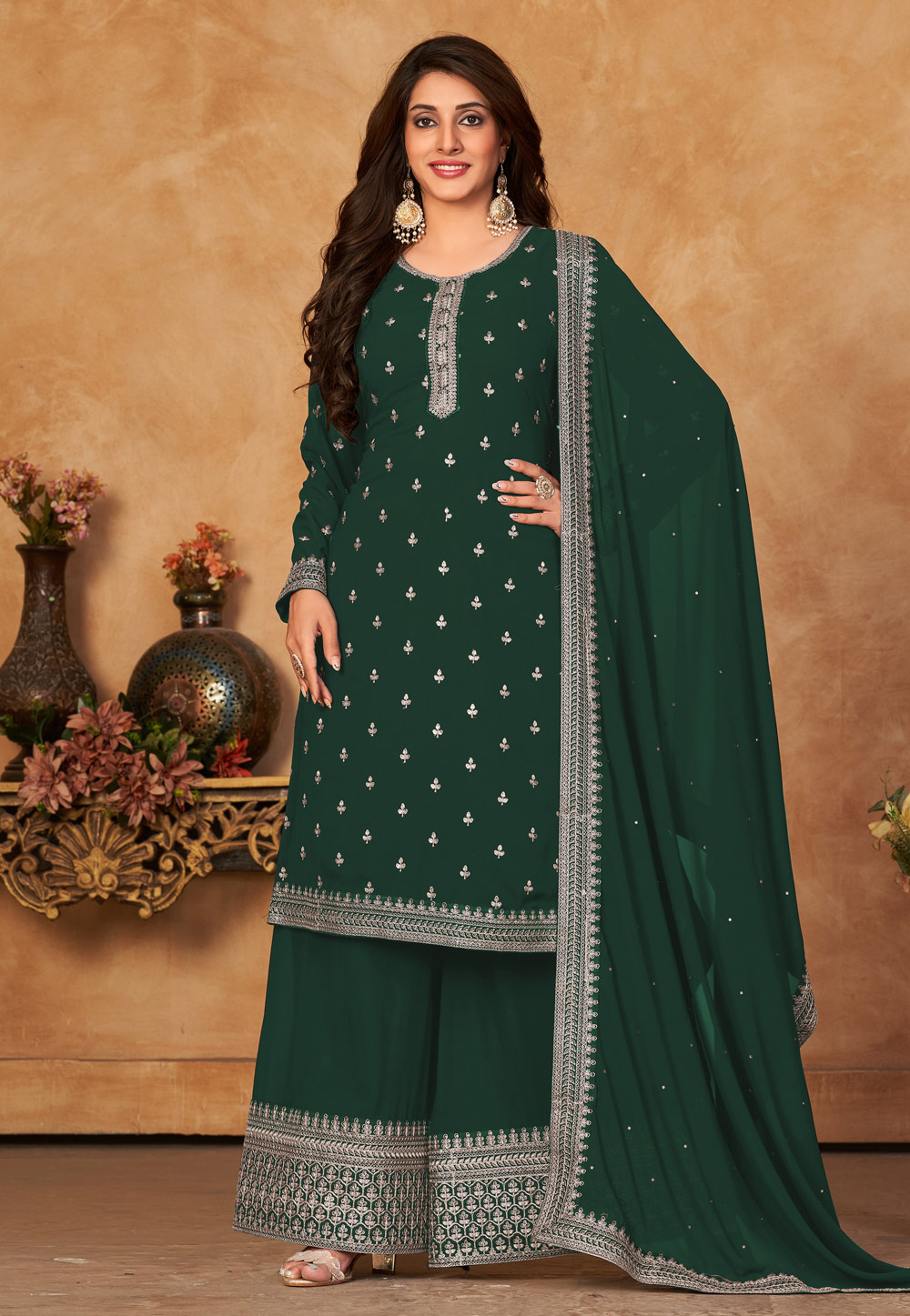Green Faux Georgette Palazzo Suit 258841