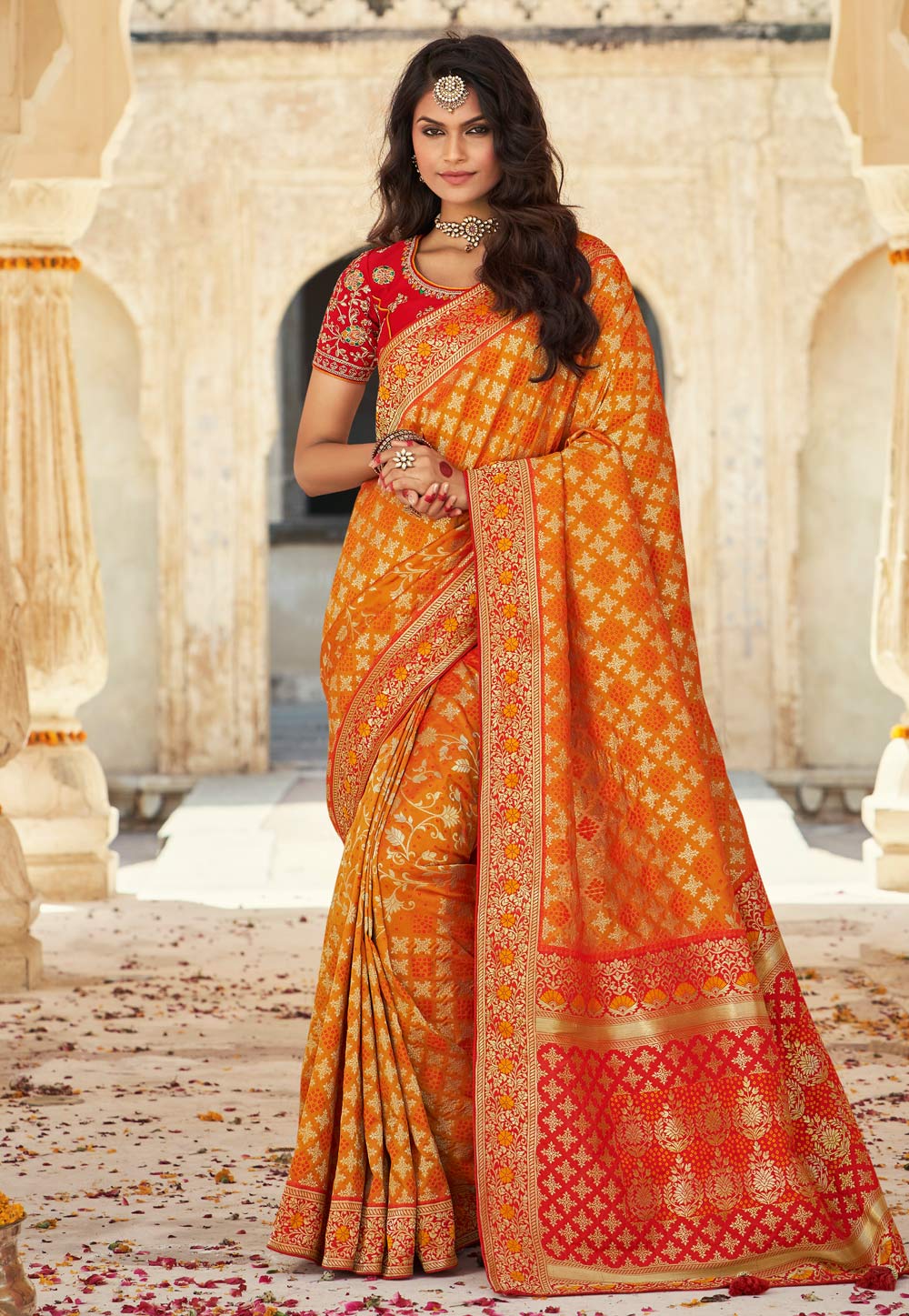 Orange Banarasi Silk Saree With Blouse 231200