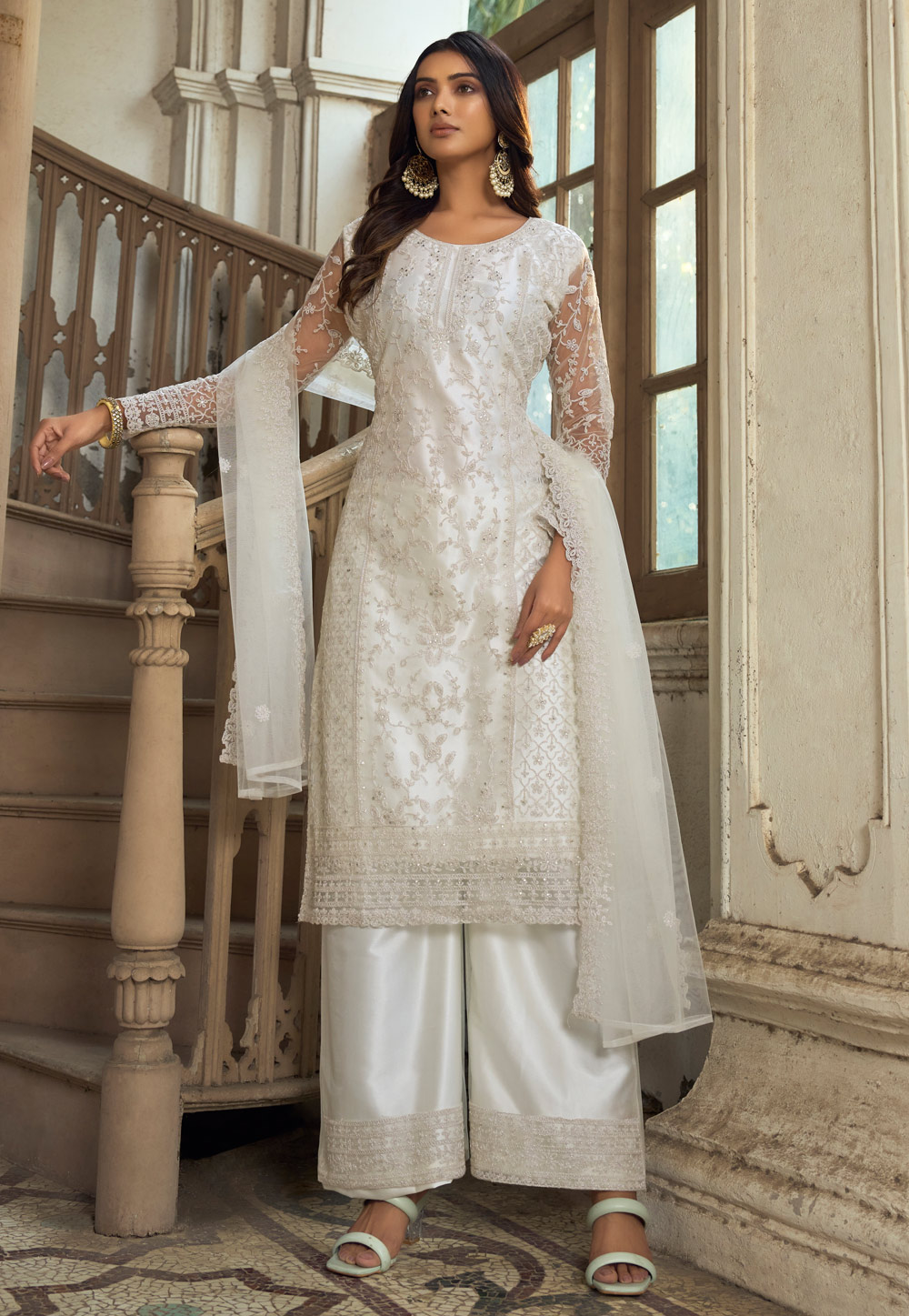 White Net Embroidered Palazzo Suit 255489