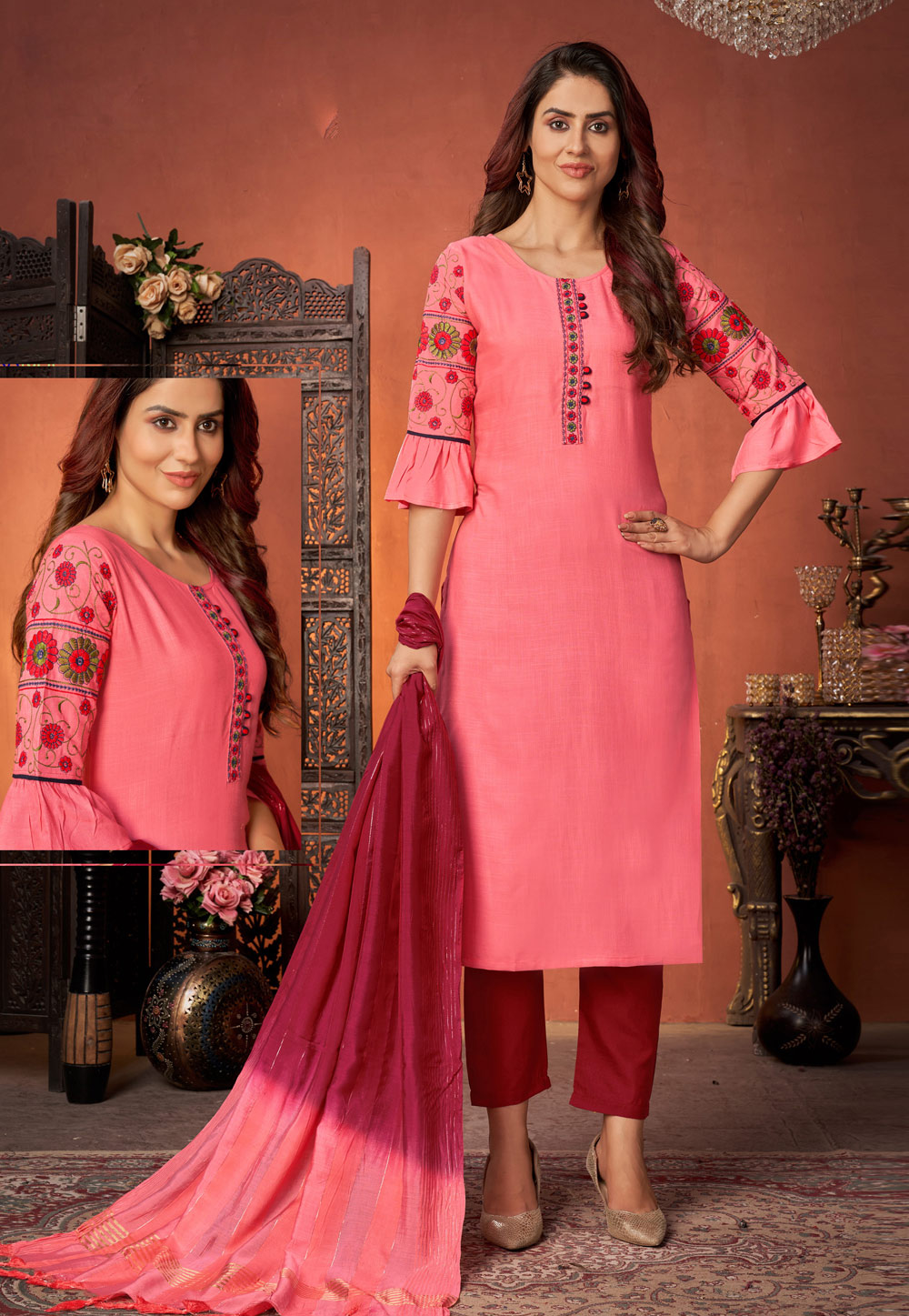 Pink Rayon Readymade Pant Style Suit 235605