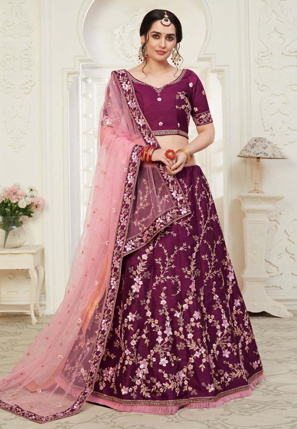 Purple Sequins Work Silk Lehenga Choli 218788