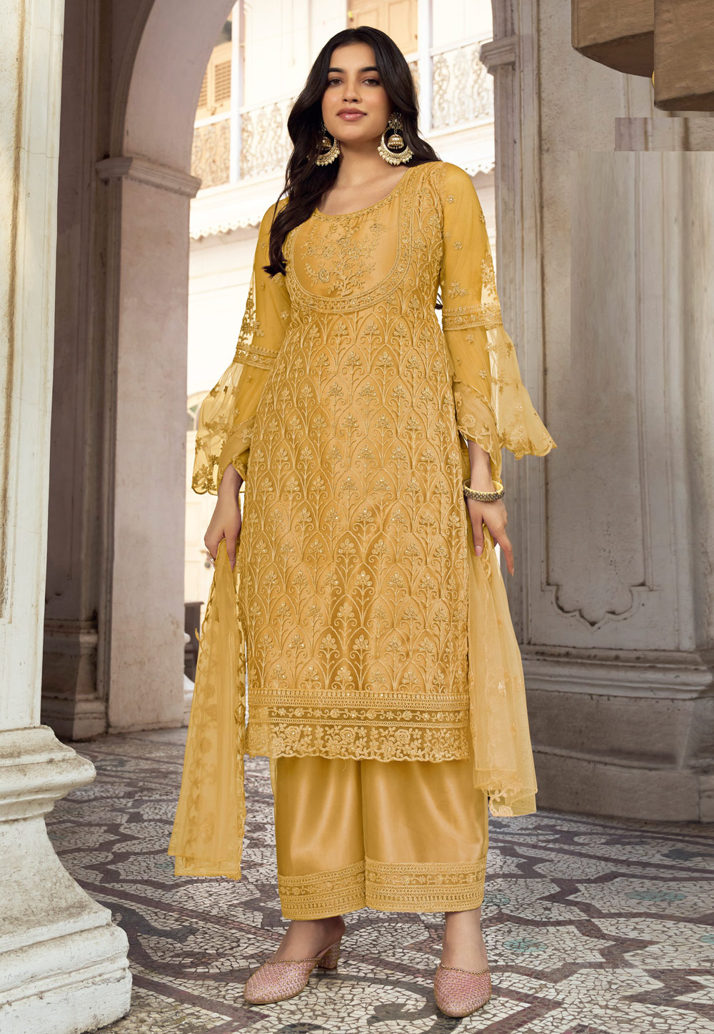 Yellow Net Embroidered Palazzo Suit 259430
