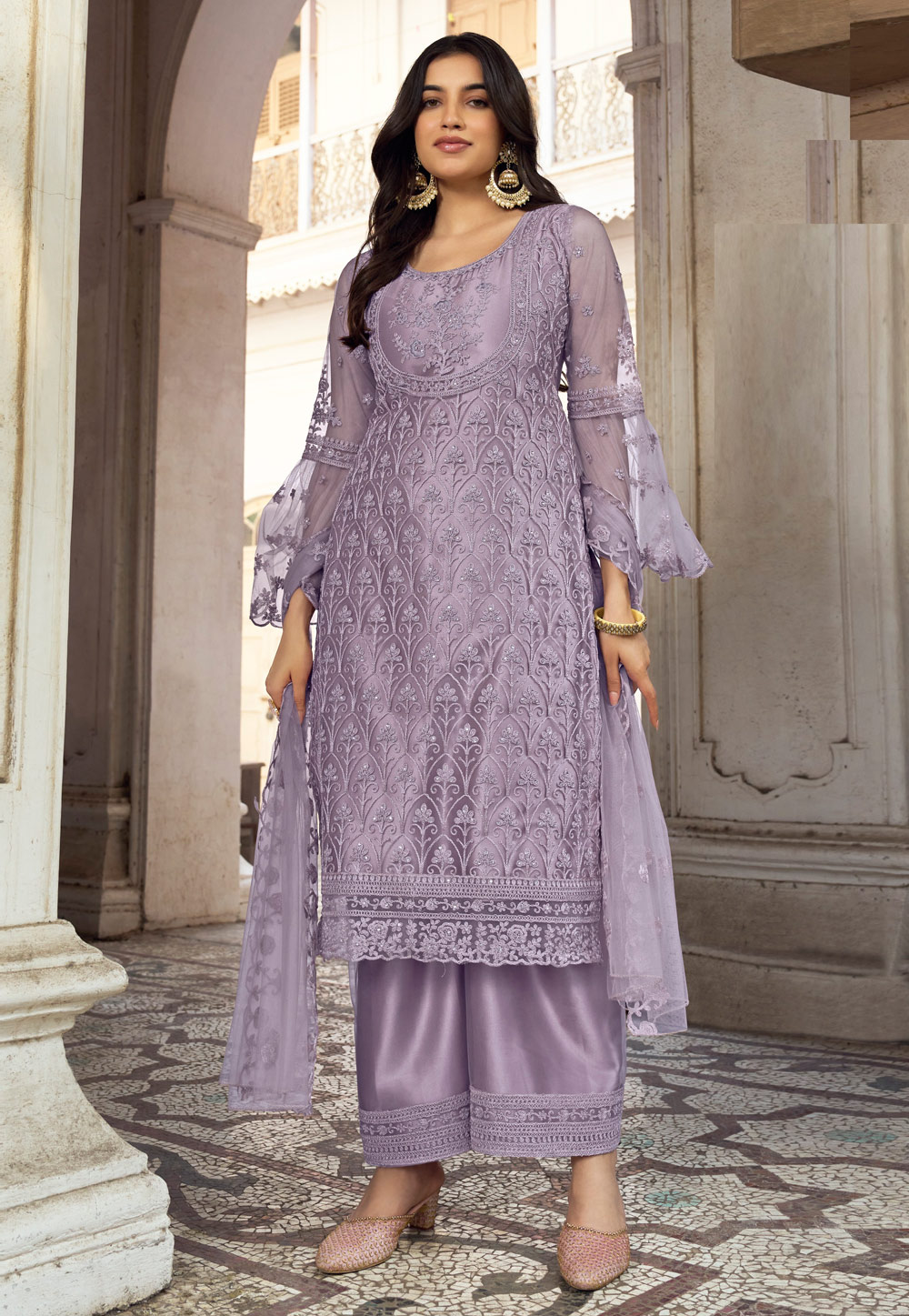 Lavender Net Embroidered Pakistani Suit 259431