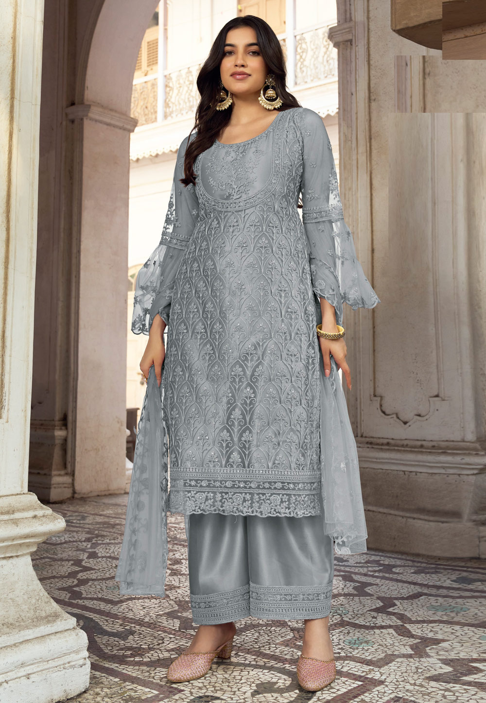 Grey Net Embroidered Pakistani Suit 259433