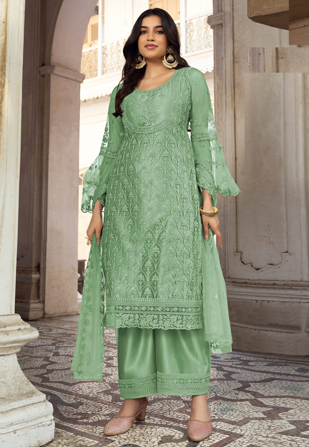 Pista Green Net Embroidered Palazzo Suit 259434
