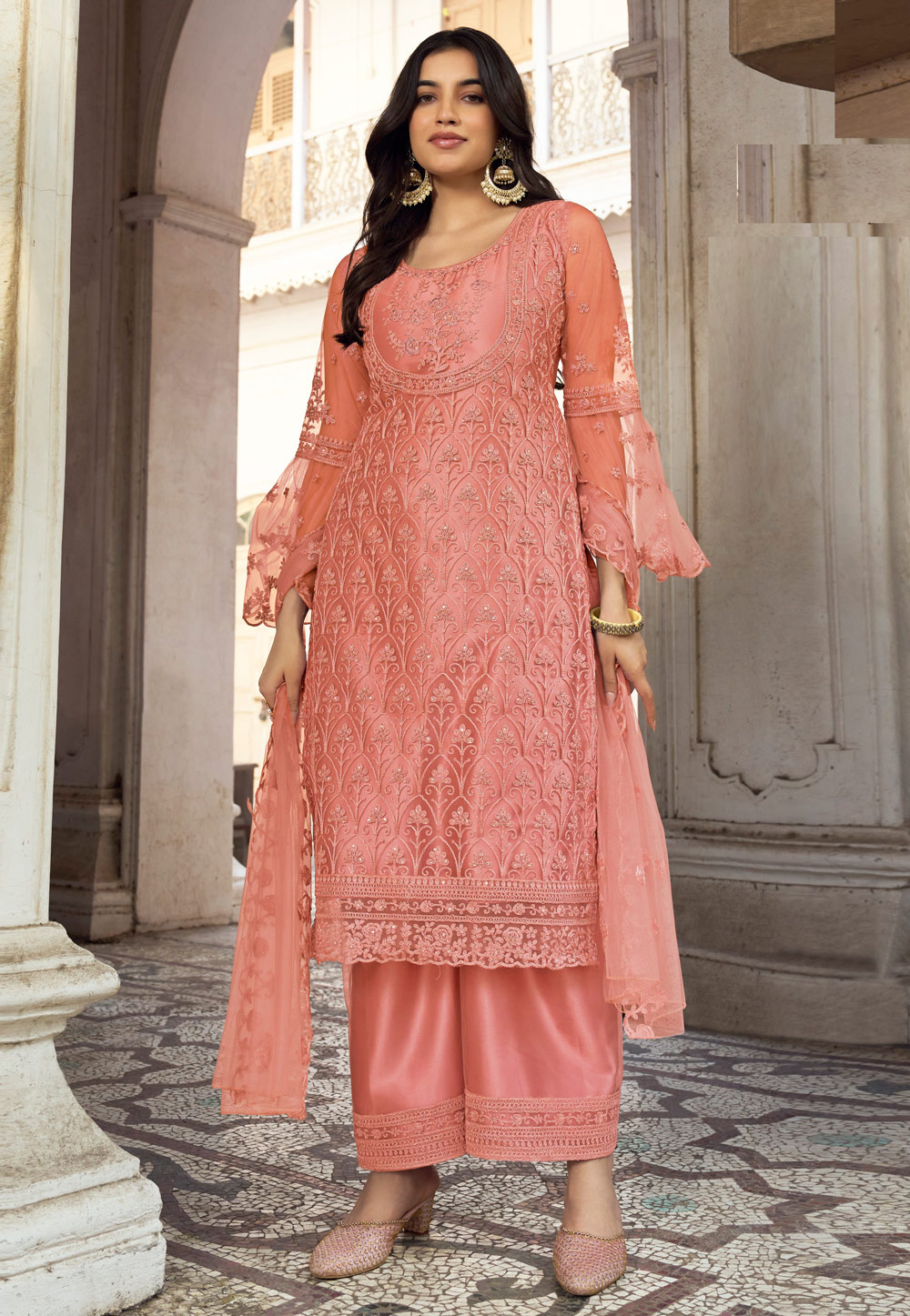 Peach Net Embroidered Pakistani Suit 259435