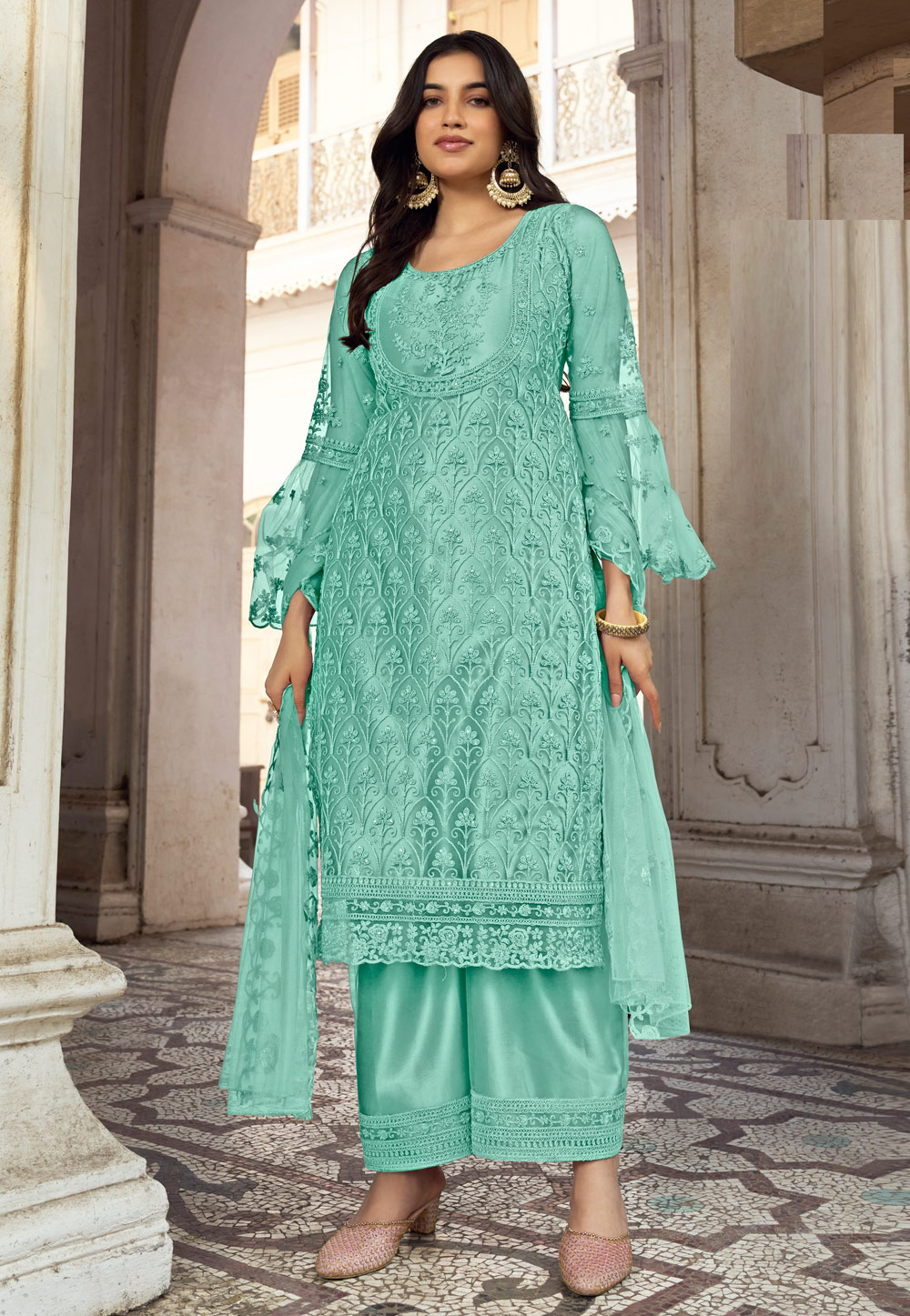 Sea Green Net Embroidered Palazzo Suit 259436