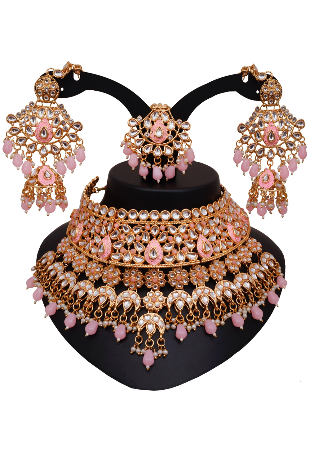 Pink Alloy Austrian Diamonds and Kundan Necklace Set With Earrings and Maang Tikka 272599