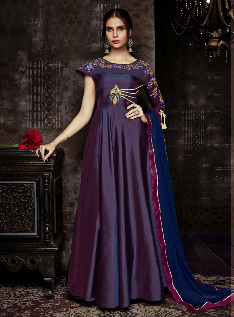 Purple Taffeta Readymade One Shoulder Anarkali Suit 140585