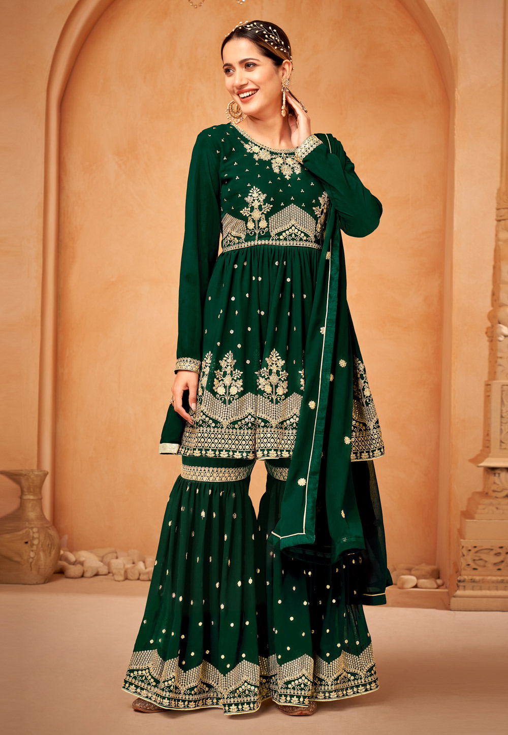 Green Faux Georgette Sharara Suit 259145