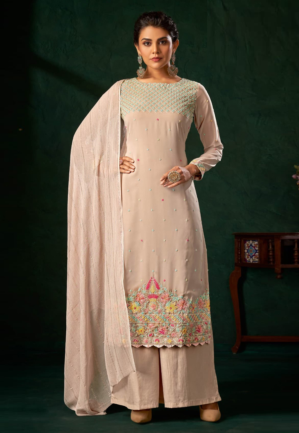 Beige Viscose Georgette Palazzo Suit 276459