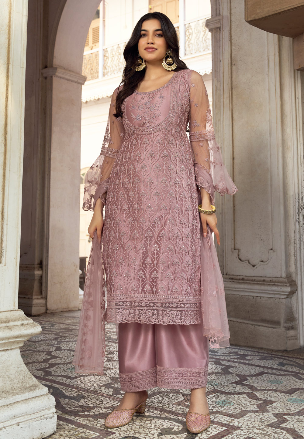 Pink Net Embroidered Palazzo Suit 255490