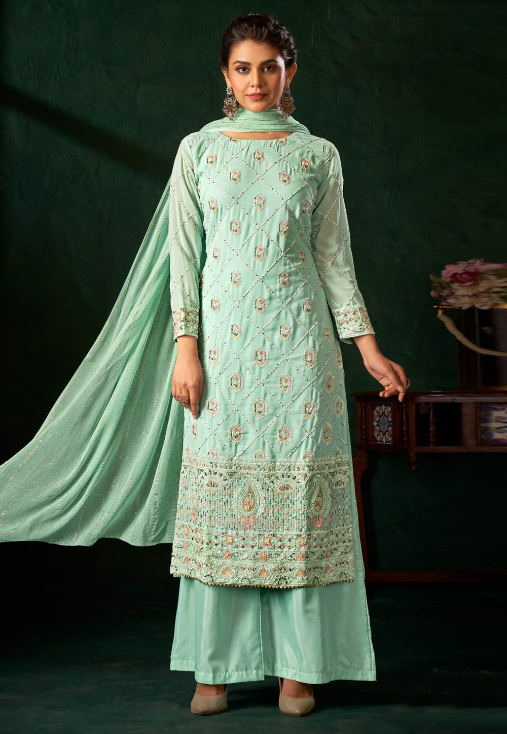 Sea Green Viscose Georgette Palazzo Suit 276463