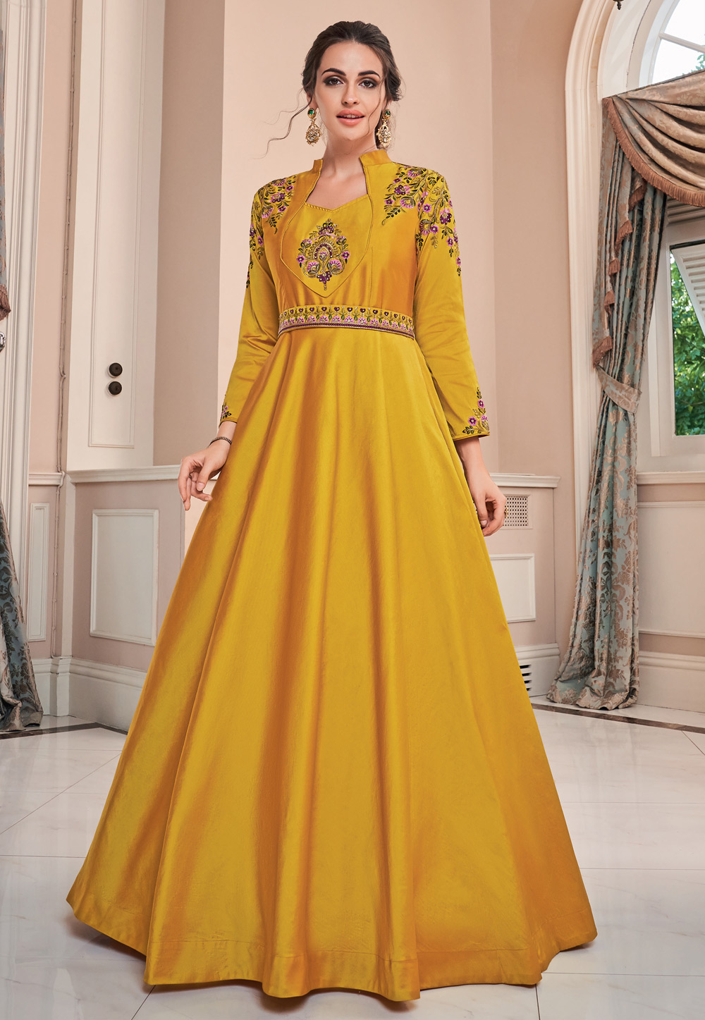 Yellow Silk Embroidered Readymade Gown 198886