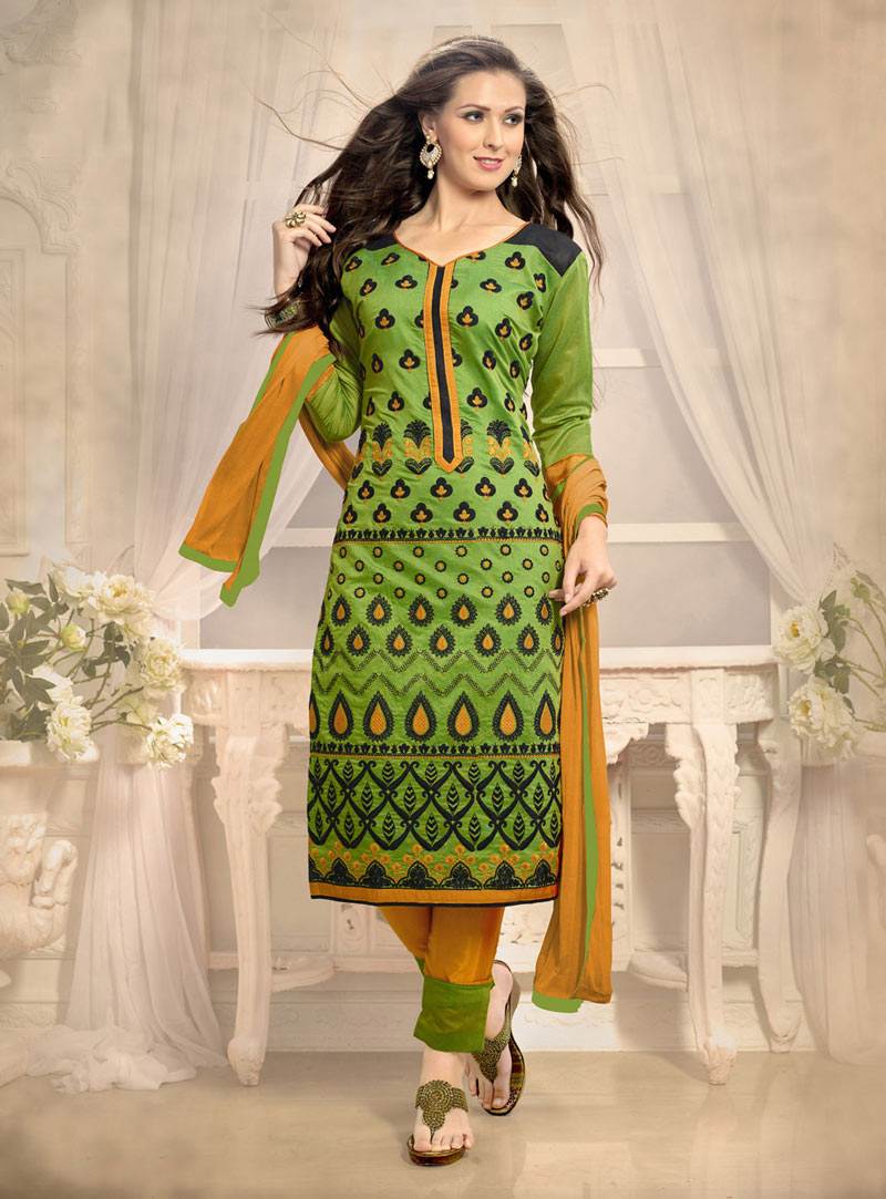 Green Chanderi Churidar Suit 57930