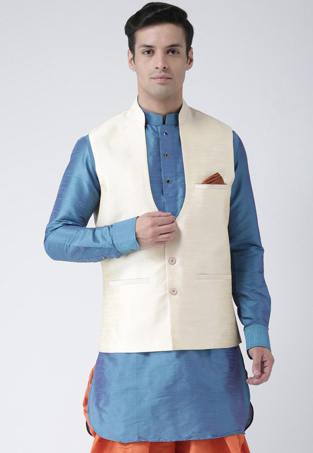 Cream Art Silk Nehru Jacket 235154