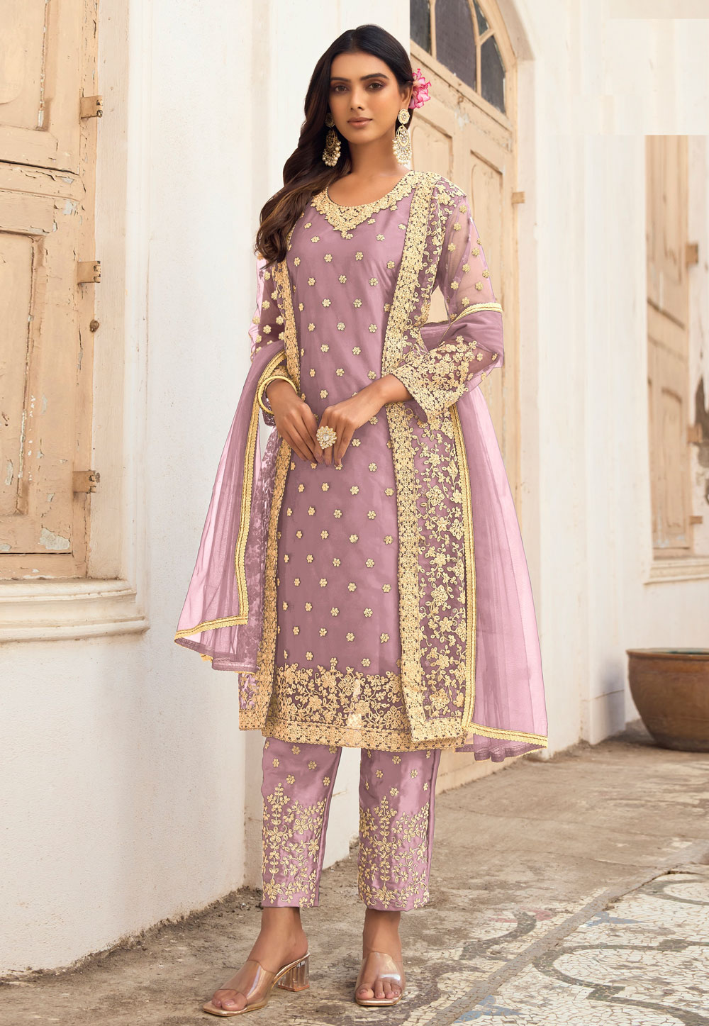Light Pink Net Pakistani Suit 258307