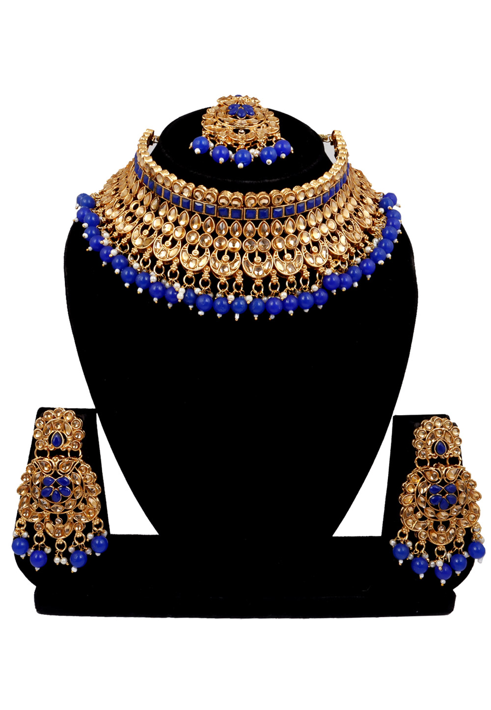 Blue Alloy Austrian Diamonds and Kundan Necklace Set With Earrings and Maang Tikka 272600