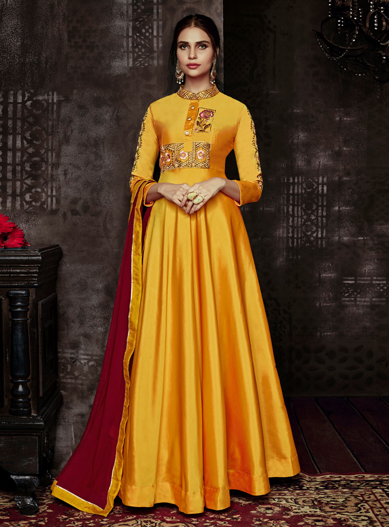 Yellow Taffeta Readymade Long Anarkali Suit 140586