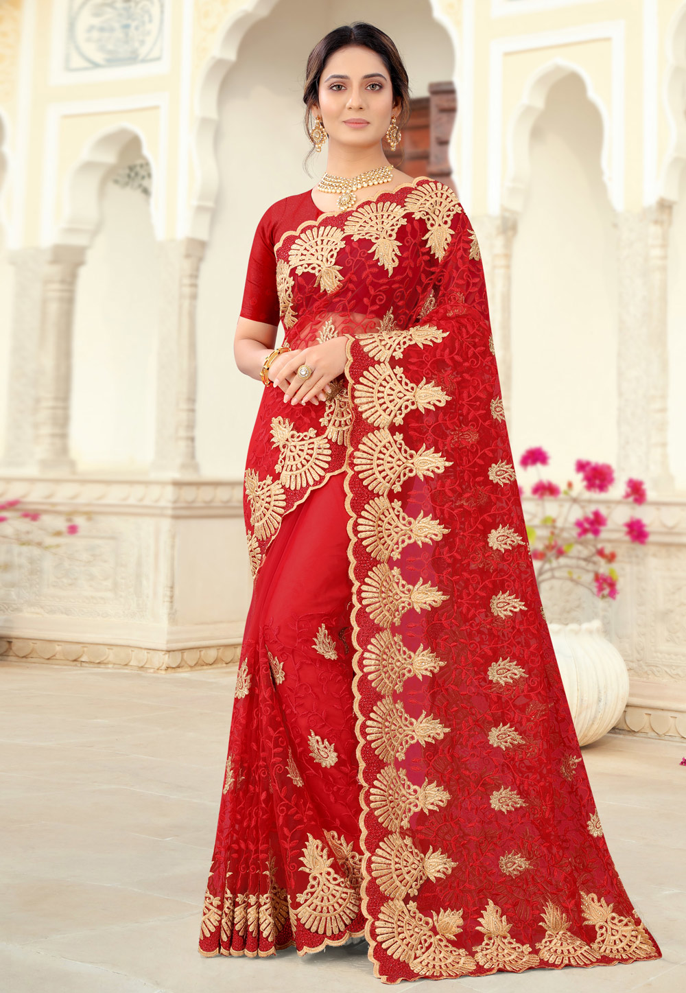Red Net Saree With Blouse 234289
