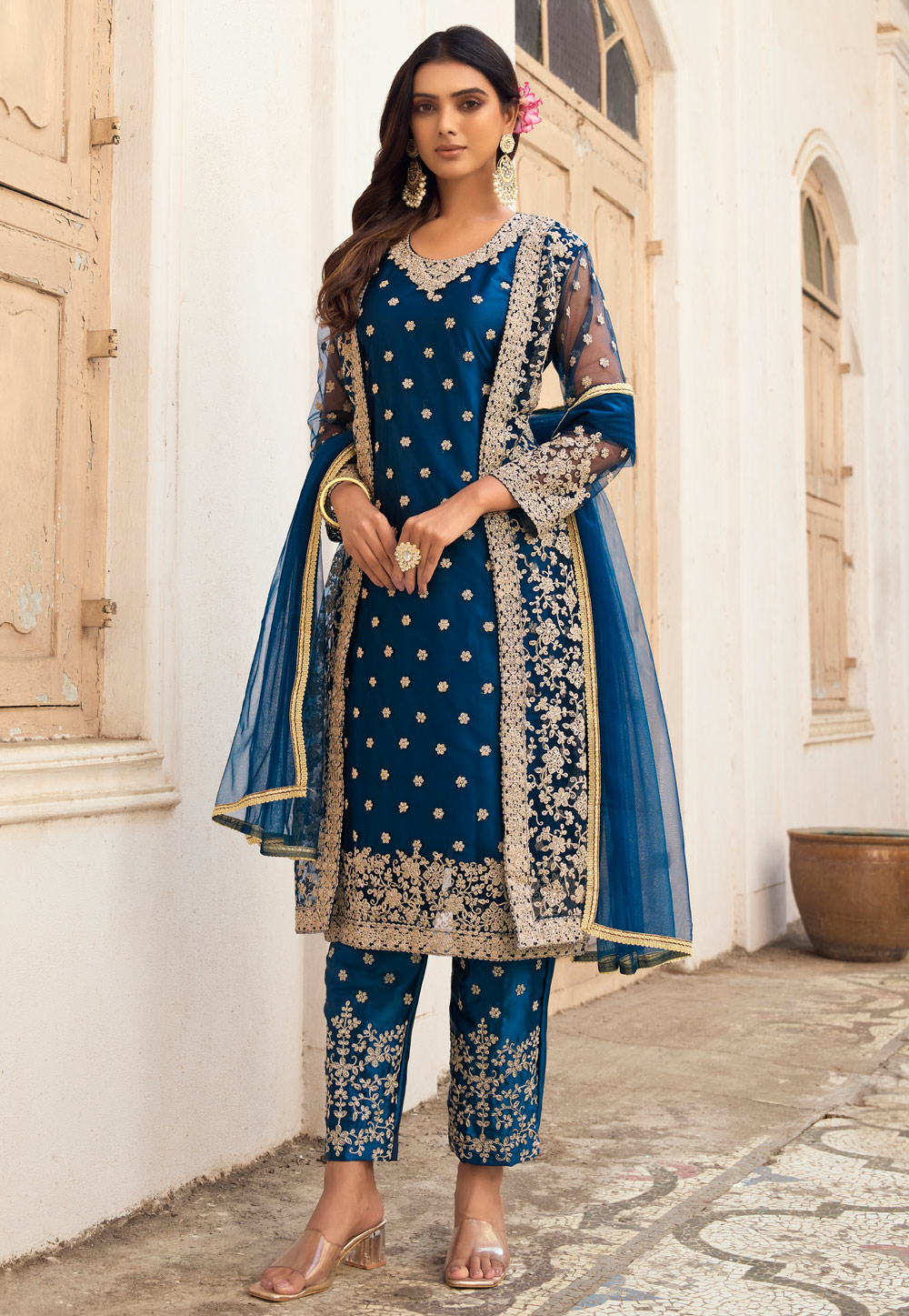 Navy Blue Net Embroidered Pant Style Suit 255491
