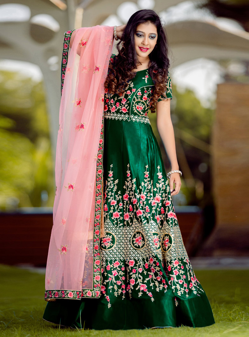 Green Silk Abaya Style Anarkali Suit 150651