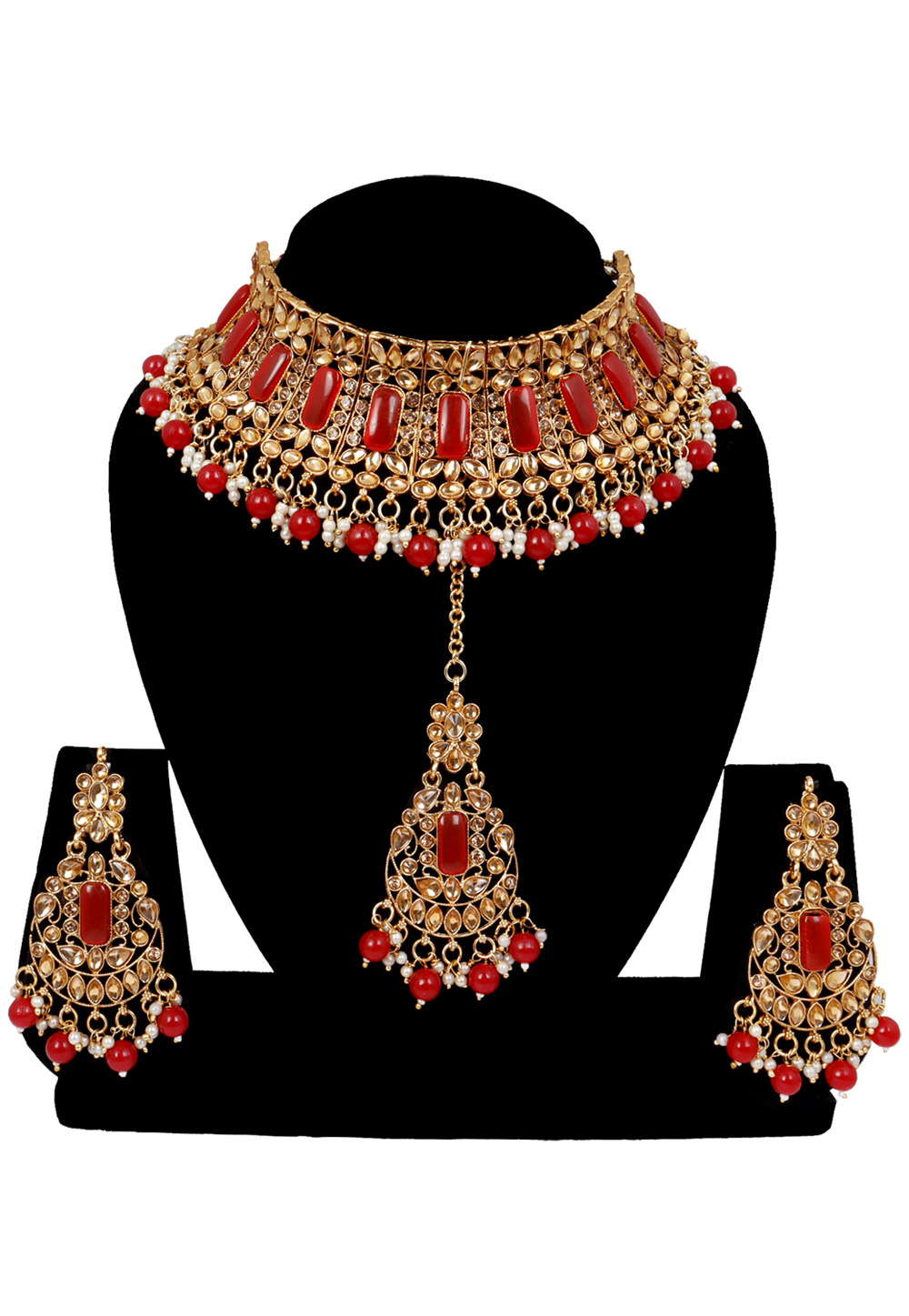 Red Alloy Austrian Diamonds and Kundan Necklace Set With Earrings and Maang Tikka 272601