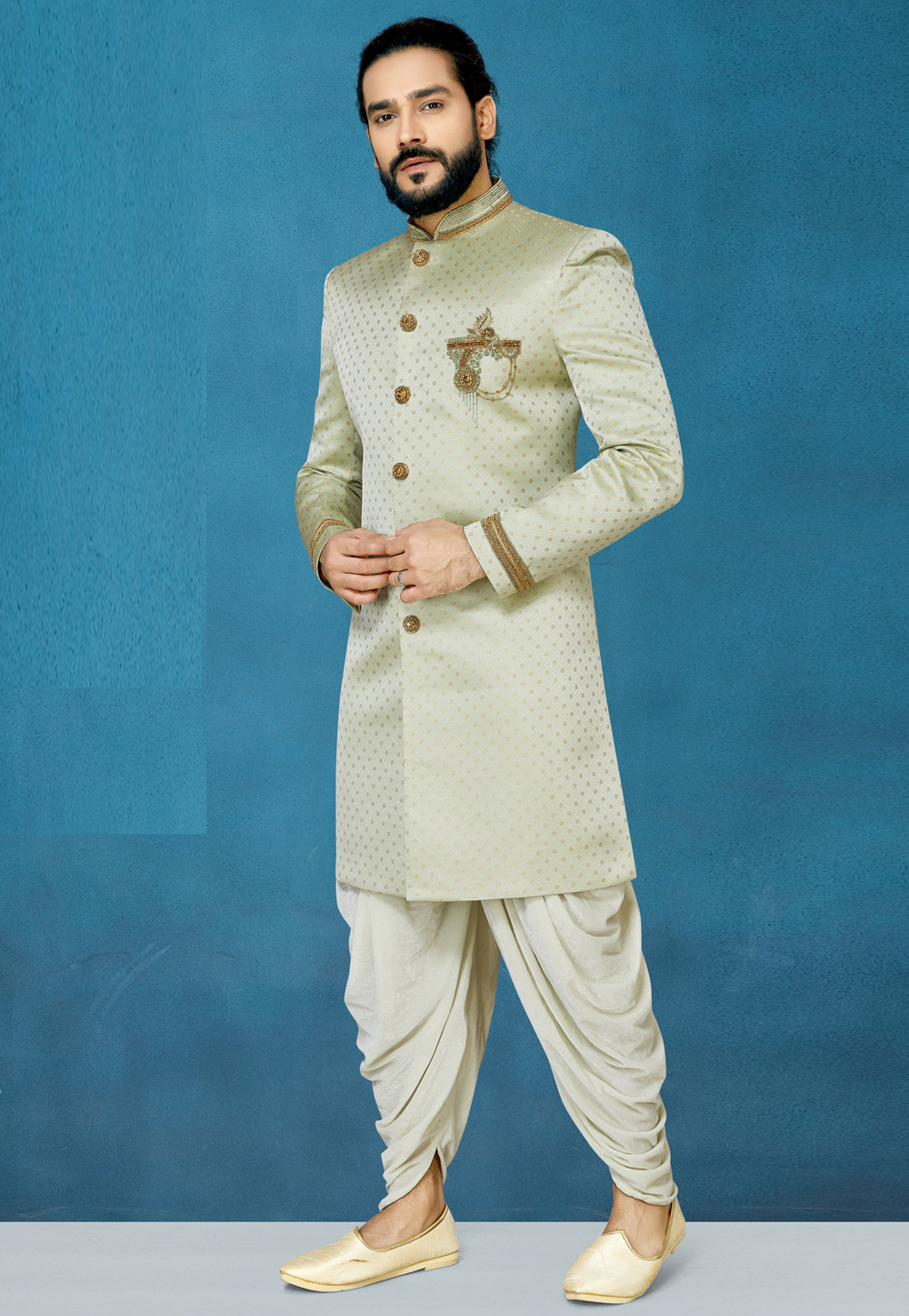 Pista Green Silk Readymade Indo Western Suit 186220