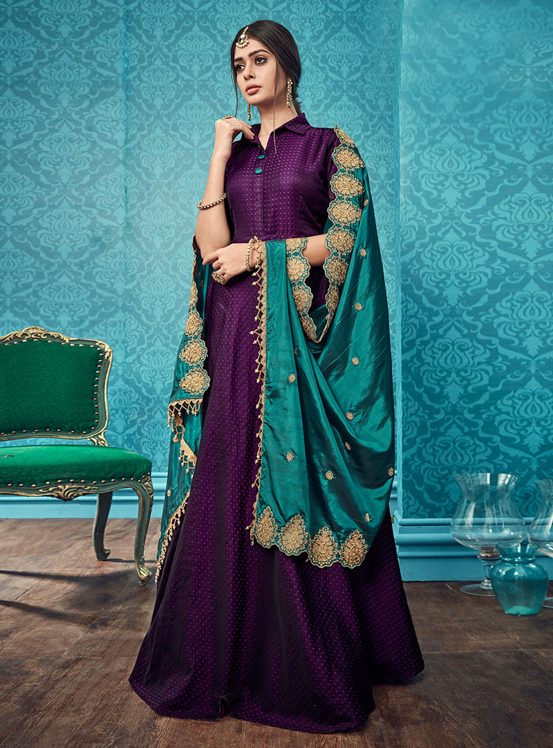 Purple Silk Abaya Style Anarkali Suit 148261
