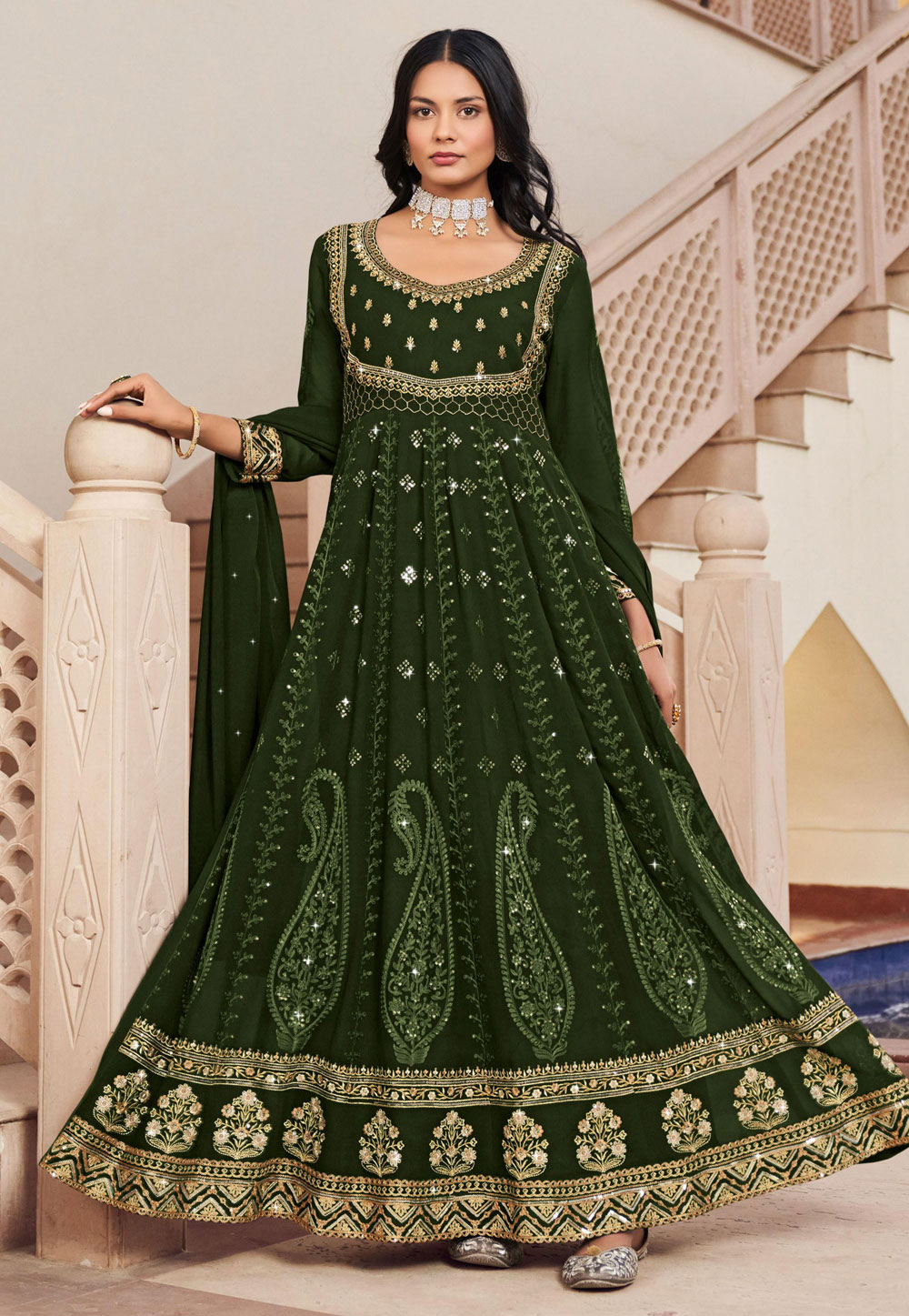 Green Georgette Abaya Style Anarkali Suit 258409