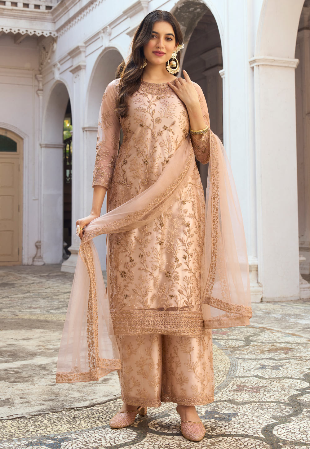 Beige Net Embroidered Palazzo Suit 255492