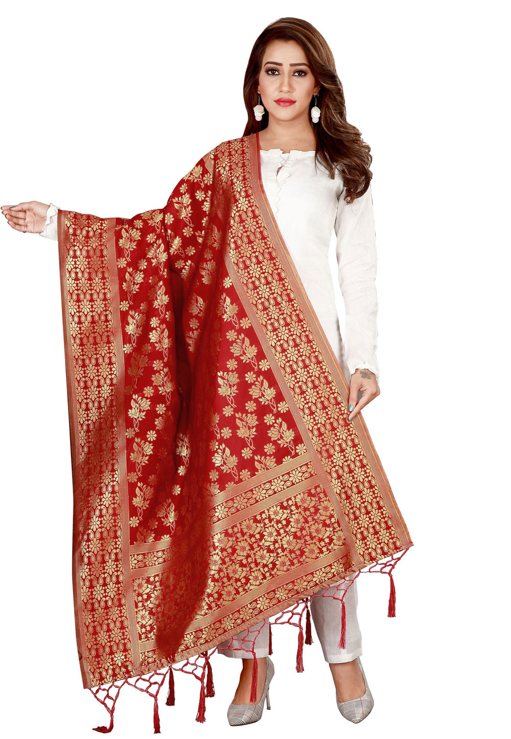 Red Banarasi Silk Dupatta 171586
